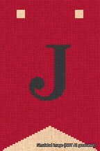 A simulated image of the stitched needlepoint design: Banner 18m Forked J Black on Red. Not A.I. generated.