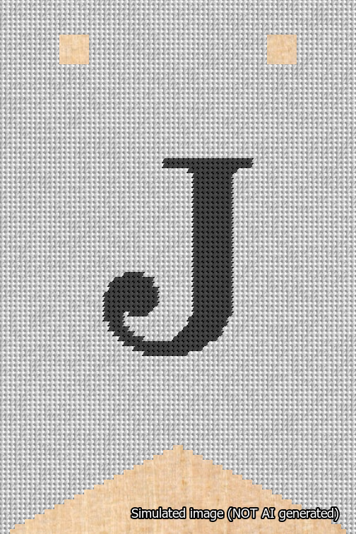 A simulated image of the stitched needlepoint design: Banner 18m Forked J Black on White. Not A.I. generated.