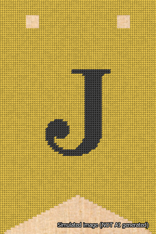 A simulated image of the stitched needlepoint design: Banner 18m Forked J Black on Yellow. Not A.I. generated.