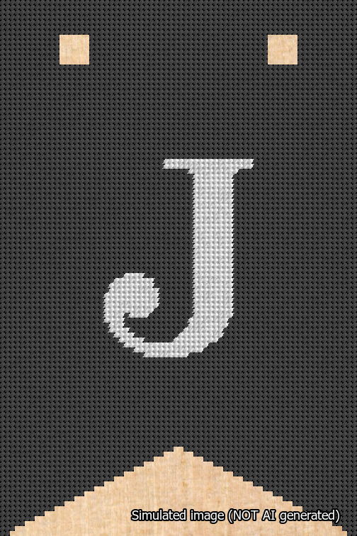 A simulated image of the stitched needlepoint design: Banner 18m Forked J White on Black. Not A.I. generated.