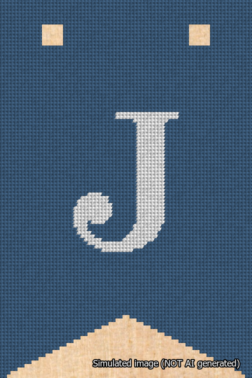 A simulated image of the stitched needlepoint design: Banner 18m Forked J White on Blue. Not A.I. generated.