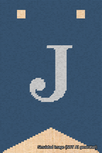 A simulated image of the stitched needlepoint design: Banner 18m Forked J White on Blue. Not A.I. generated.