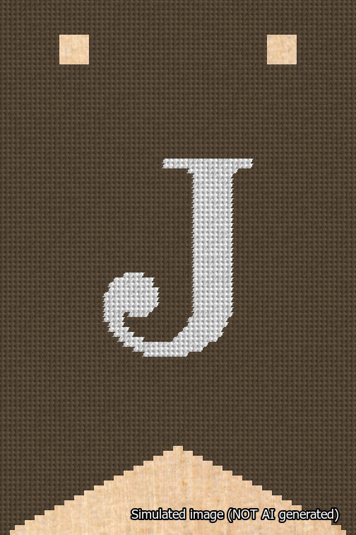 A simulated image of the stitched needlepoint design: Banner 18m Forked J White on Brown. Not A.I. generated.