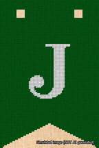 A simulated image of the stitched needlepoint design: Banner 18m Forked J White on Green. Not A.I. generated.
