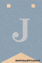 A simulated image of the stitched needlepoint design: Banner 18m Forked J White on Light Blue. Not A.I. generated.