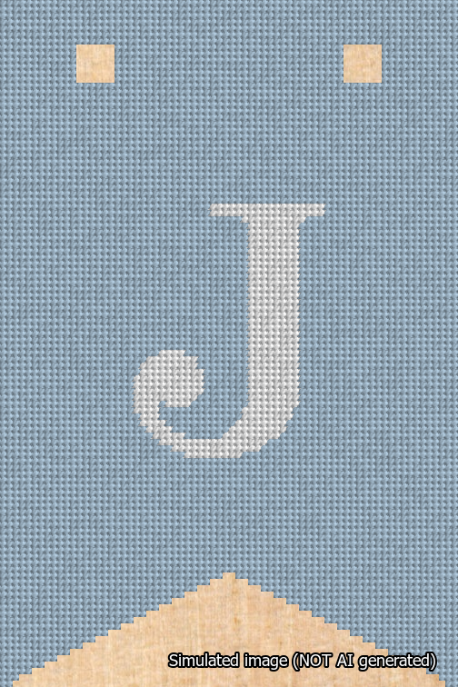 A simulated image of the stitched needlepoint design: Banner 18m Forked J White on Light Blue. Not A.I. generated.