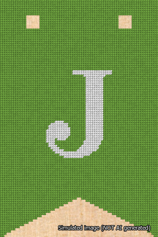 A simulated image of the stitched needlepoint design: Banner 18m Forked J White on Light Green. Not A.I. generated.