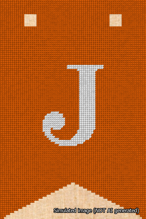 A simulated image of the stitched needlepoint design: Banner 18m Forked J White on Orange. Not A.I. generated.