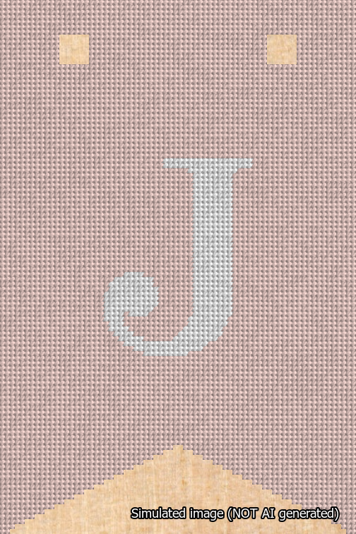 A simulated image of the stitched needlepoint design: Banner 18m Forked J White on Pink. Not A.I. generated.
