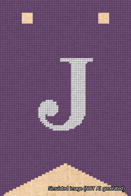 A simulated image of the stitched needlepoint design: Banner 18m Forked J White on Purple. Not A.I. generated.