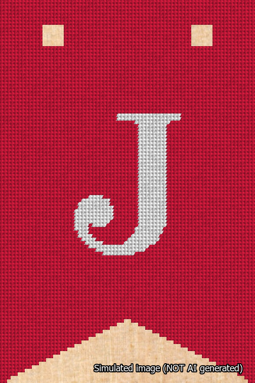 A simulated image of the stitched needlepoint design: Banner 18m Forked J White on Red. Not A.I. generated.