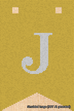 A simulated image of the stitched needlepoint design: Banner 18m Forked J White on Yellow. Not A.I. generated.