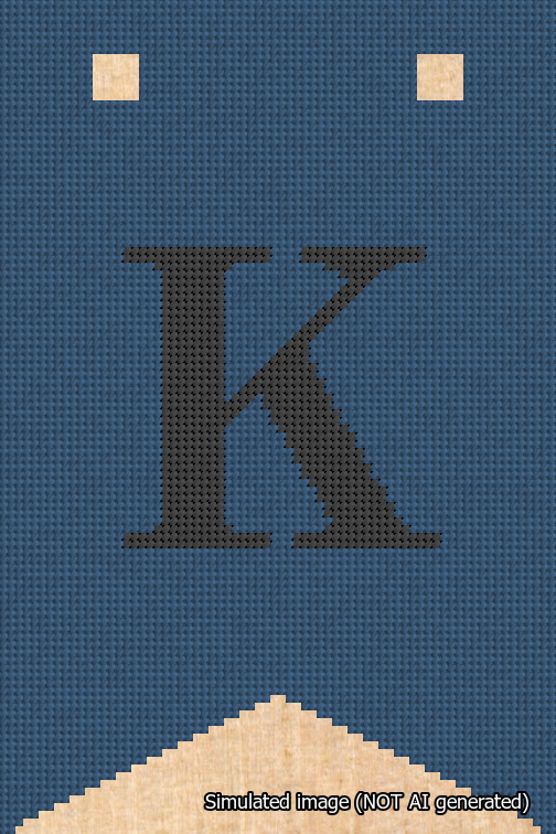A simulated image of the stitched needlepoint design: Banner 18m Forked K Black on Blue. Not A.I. generated.