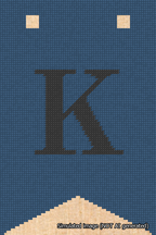 A simulated image of the stitched needlepoint design: Banner 18m Forked K Black on Blue. Not A.I. generated.