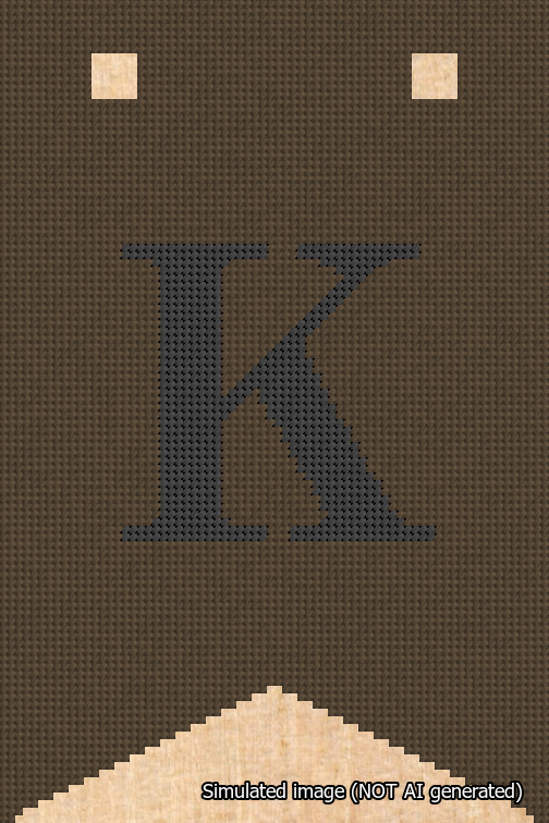 A simulated image of the stitched needlepoint design: Banner 18m Forked K Black on Brown. Not A.I. generated.