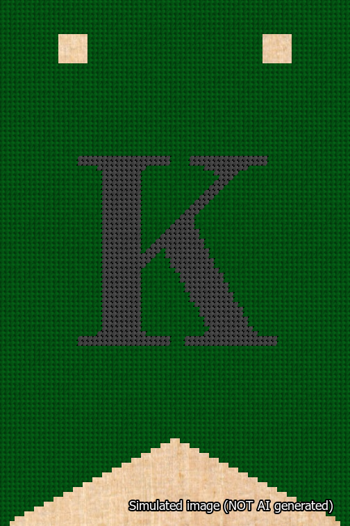A simulated image of the stitched needlepoint design: Banner 18m Forked K Black on Green. Not A.I. generated.
