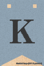 A simulated image of the stitched needlepoint design: Banner 18m Forked K Black on Light Blue. Not A.I. generated.