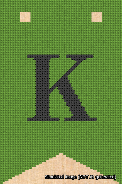 A simulated image of the stitched needlepoint design: Banner 18m Forked K Black on Light Green. Not A.I. generated.