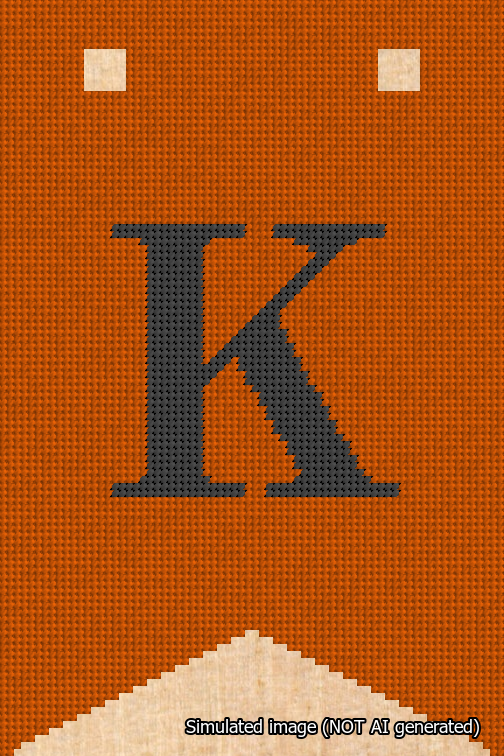 A simulated image of the stitched needlepoint design: Banner 18m Forked K Black on Orange. Not A.I. generated.