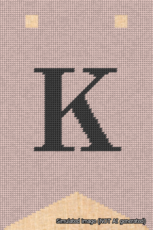 A simulated image of the stitched needlepoint design: Banner 18m Forked K Black on Pink. Not A.I. generated.