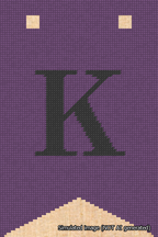 A simulated image of the stitched needlepoint design: Banner 18m Forked K Black on Purple. Not A.I. generated.