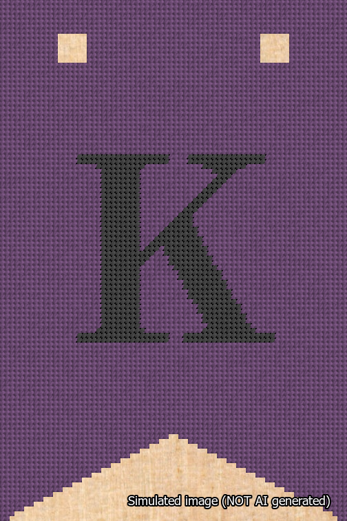 A simulated image of the stitched needlepoint design: Banner 18m Forked K Black on Purple. Not A.I. generated.