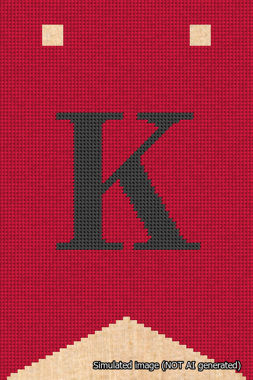A simulated image of the stitched needlepoint design: Banner 18m Forked K Black on Red. Not A.I. generated.