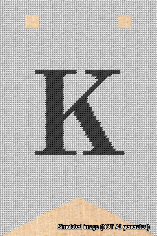 A simulated image of the stitched needlepoint design: Banner 18m Forked K Black on White. Not A.I. generated.