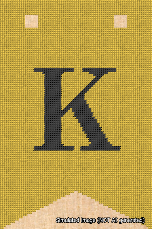 A simulated image of the stitched needlepoint design: Banner 18m Forked K Black on Yellow. Not A.I. generated.