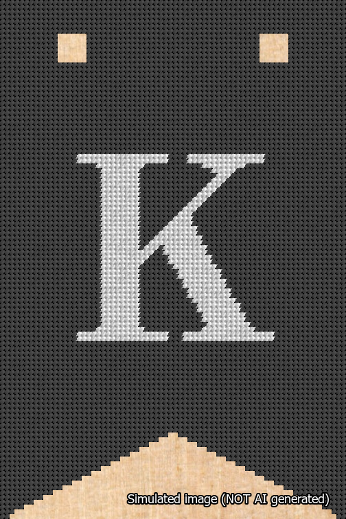 A simulated image of the stitched needlepoint design: Banner 18m Forked K White on Black. Not A.I. generated.