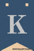 A simulated image of the stitched needlepoint design: Banner 18m Forked K White on Blue. Not A.I. generated.