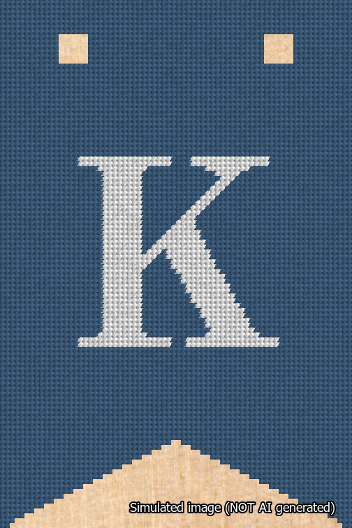 A simulated image of the stitched needlepoint design: Banner 18m Forked K White on Blue. Not A.I. generated.