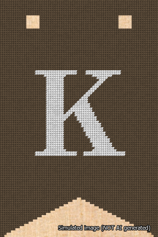 A simulated image of the stitched needlepoint design: Banner 18m Forked K White on Brown. Not A.I. generated.