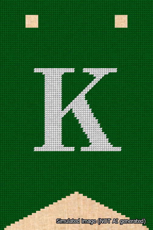 A simulated image of the stitched needlepoint design: Banner 18m Forked K White on Green. Not A.I. generated.