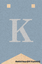 A simulated image of the stitched needlepoint design: Banner 18m Forked K White on Light Blue. Not A.I. generated.