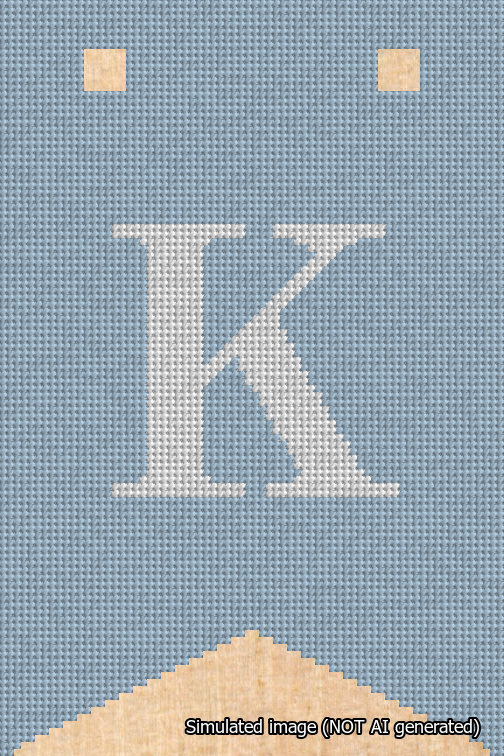 A simulated image of the stitched needlepoint design: Banner 18m Forked K White on Light Blue. Not A.I. generated.
