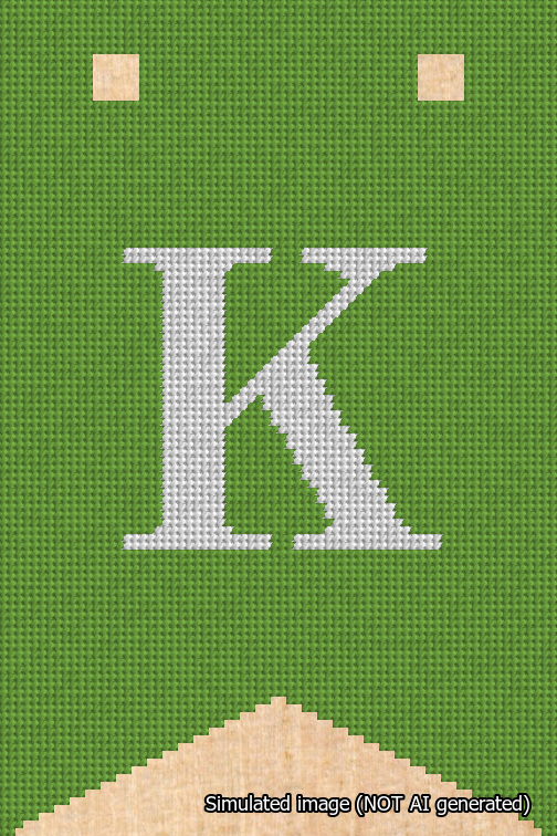 A simulated image of the stitched needlepoint design: Banner 18m Forked K White on Light Green. Not A.I. generated.