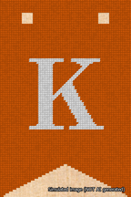 A simulated image of the stitched needlepoint design: Banner 18m Forked K White on Orange. Not A.I. generated.
