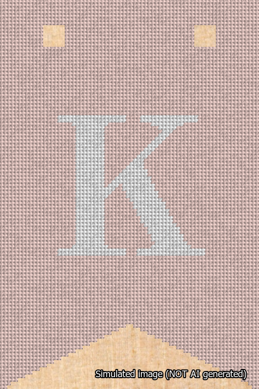 A simulated image of the stitched needlepoint design: Banner 18m Forked K White on Pink. Not A.I. generated.