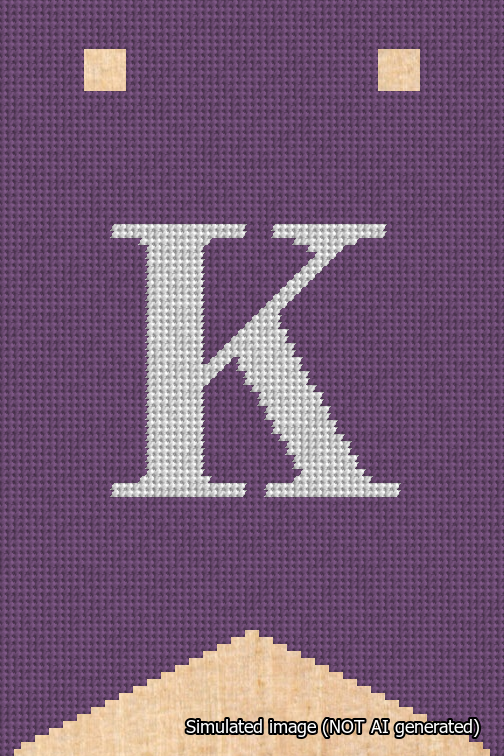 A simulated image of the stitched needlepoint design: Banner 18m Forked K White on Purple. Not A.I. generated.