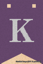 A simulated image of the stitched needlepoint design: Banner 18m Forked K White on Purple. Not A.I. generated.