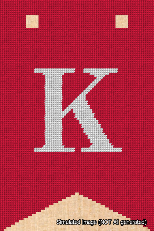 A simulated image of the stitched needlepoint design: Banner 18m Forked K White on Red. Not A.I. generated.