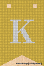 A simulated image of the stitched needlepoint design: Banner 18m Forked K White on Yellow. Not A.I. generated.