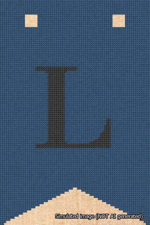 A simulated image of the stitched needlepoint design: Banner 18m Forked L Black on Blue. Not A.I. generated.