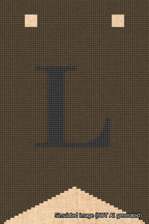 A simulated image of the stitched needlepoint design: Banner 18m Forked L Black on Brown. Not A.I. generated.