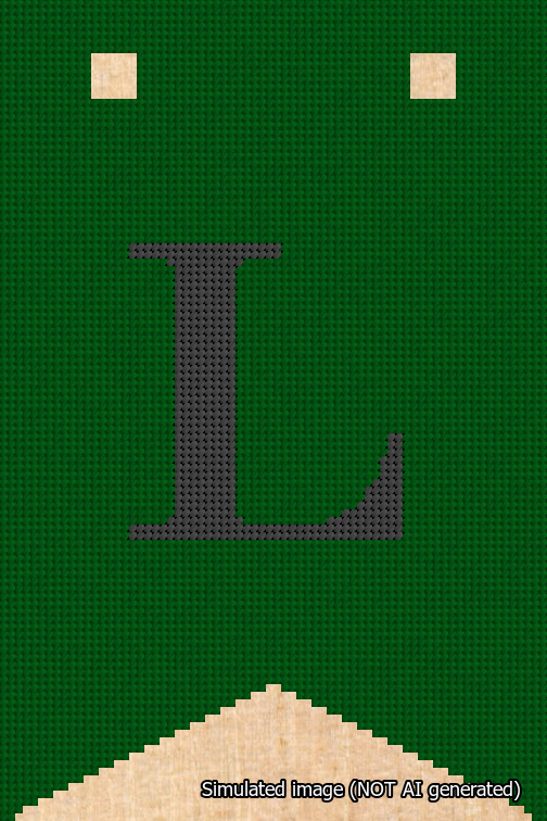 A simulated image of the stitched needlepoint design: Banner 18m Forked L Black on Green. Not A.I. generated.