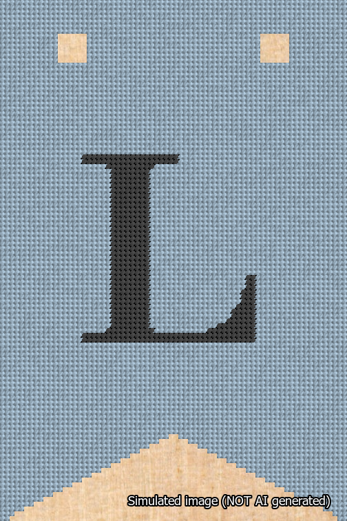 A simulated image of the stitched needlepoint design: Banner 18m Forked L Black on Light Blue. Not A.I. generated.