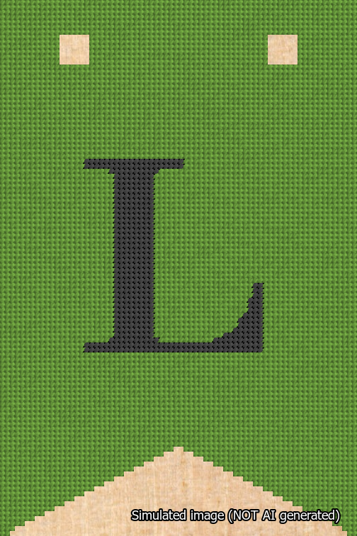 A simulated image of the stitched needlepoint design: Banner 18m Forked L Black on Light Green. Not A.I. generated.