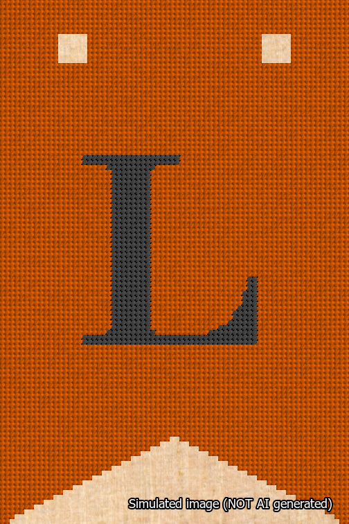 A simulated image of the stitched needlepoint design: Banner 18m Forked L Black on Orange. Not A.I. generated.