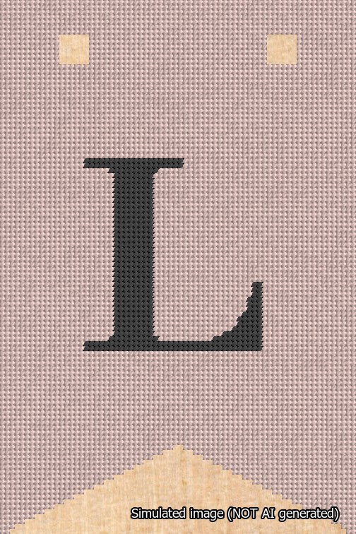 A simulated image of the stitched needlepoint design: Banner 18m Forked L Black on Pink. Not A.I. generated.